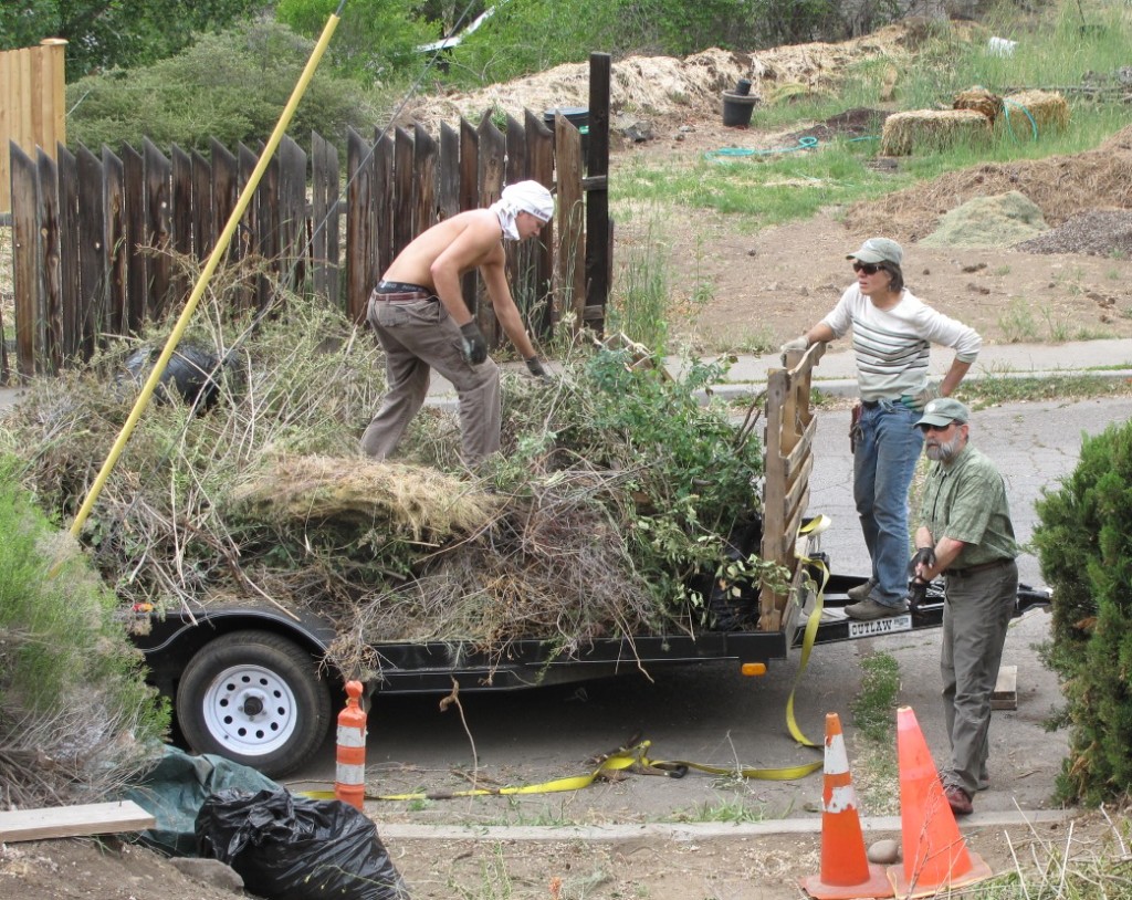 Tom brings the trailer to load the yard debris that will be taken to the recycling center for composting. Yvonne's son, Emory, taking a break from U of Oregon, to help with the clean-up.